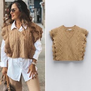 Zara Cable Knit Ruffle Vest Alpaca Wool Blend sweater